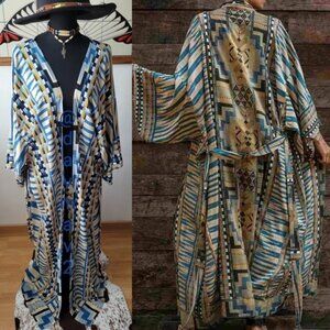 Southwestern Aztec Print Duster Kimono Turquoise Boho Western One Size